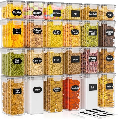 PurKeep 24 Pack Food Storage Containers - BPA Free 33.6L Airtight Kitchen Storage for Cereal Flour Sugar & Baking Supplies with 24 Labels & 1 Marker