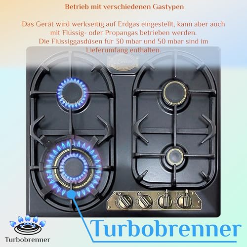 Foto von Kaiser Empire Einbau Gasherd KG 6325 Em Turbo Exklusives Gas Kochfeld 60cm Autark Schwarz, mit 4 hochwertigen Brennern inklusive leistungsstarkem WOK Brenner (3,8 kW) | Erdgas und Propangas