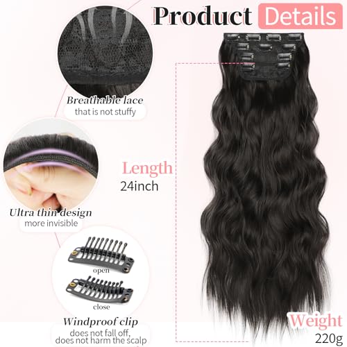 Image of Wavy Thick Clip in Hair Extensions 24 inch Medium Brown | 4 Pieces Clip in Extensions,Fiber Double Weft Hairpieces,Natural Volume,Beach Wave Synthetic Hairpiece for Women