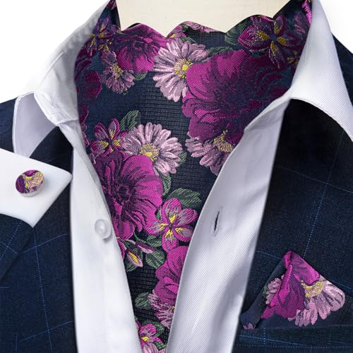 Image of DiBanGu 3PCS Ascot Ties for Men Wedding Jacquard Woven Silk Ascot Cravat for Men Cravat Tie and Pocket Square Set