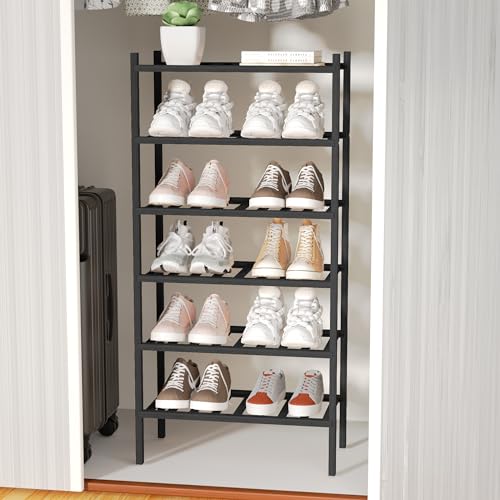 6-Tier Bamboo Small Shoe Rack, Free Standing Wood Shoe Shelf Storage Organizer for Closet Entryway Stackable (Black)