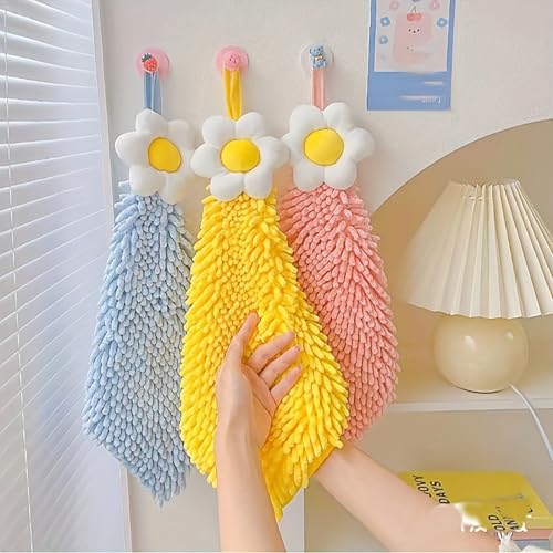Image of House of Quirk 3 Pack Hand Towels with Hanging Loop | Soft & Absorbent Kitchen Towels | Flower Design Hanging Towels for Bathroom, Hand & Bath Use (Multicolor)