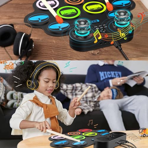 Image of Portable Electronic Drum Pad Set - 9 Pads Roll up Drum Practice Pad with Pedals & Stick, Headphone, Jack in Drum Set Kit for Kids and Adults, Great Holiday Christmas & Birthday Gift