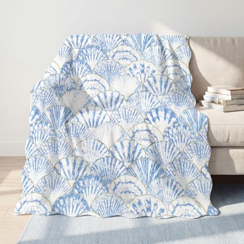 Gilprop Blue Coastal Beach Throw Blanket Coquette Ocean Scallop Shell Home Decor Gift 50x60 Soft Flannel Coastal Blanket Sea Preppy Stuff Summer Room Decor for Bedroom Sofa Couch Travel (Shell)