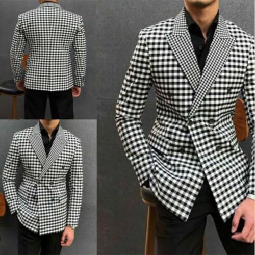 Men's Casual Coat Plaid Suit Jacket Double Breasted Peak Lapel Tuxedos Blazer4