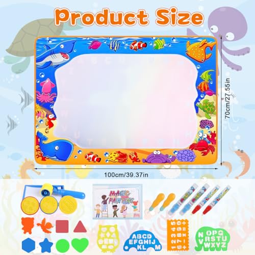 Image of PATPAT 100x70CM Reusable Magic Water Doodle Mat for Kids, Animal Ocean Theme Educational Drawing Toys Mat with Water Pens, Roller Stamps, Templates & Guide Birthday Gift for Kids