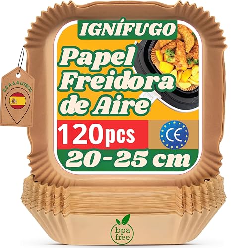 Papel para Freidora de Aire Cuadrado - Compatible con Cosori 5.5L, Cecotec 6L, Ninja Dual y Philips - Moldes Desechables de Papel para Air Fryer Rectangular - Sin BPA (Pack 120 Unidades)
