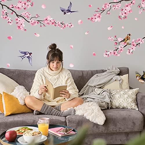 PLIGREAT Pink Cherry Blossom Flowers Birds Wall Stickers Removable Vinyl Peel and Stick Wall Decals for Bedroom Dininig Living Room Home Indoor Window Wall Decorations DIY Wall Art Decor