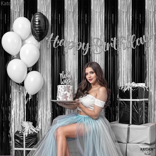 Image of KatchOn, XtraLarge Black and Silver Fringe Curtain - 3.2x8 Feet, Pack of 2 | Black and White Birthday Decorations | Silver and Black Streamers for Graduation Decorations 2026 | Disco Party Decoration