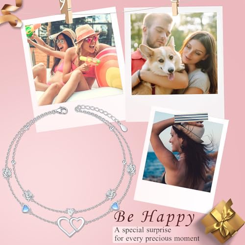 Image of S925 Ankle Bracelet for Women Heart Multilayer Anklets Dainty Beaded Chain Adjustable 9+1 Summer Cute Beach Foot Jewelry