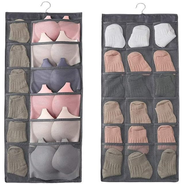 Sponsored Ad - Double-Sided Hanging Organizer with 30 Clear Pockets | Wall Closet Storage Rack for Socks, Bras, Underwear & Accessories | Non-Woven Fabric | Space-Saving Hanger Design (Black)