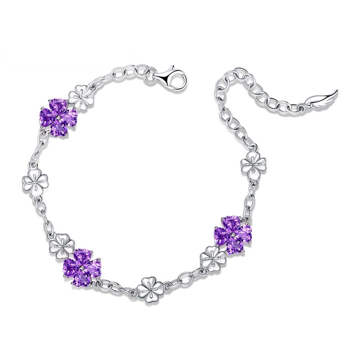 JIANGXIN Lucky Four leaf clover 925 Sterling Silver Birthstone Chain Link Bracelet for Women Gemstone Jewelry Shamrock Birthday Gift 16+4cm