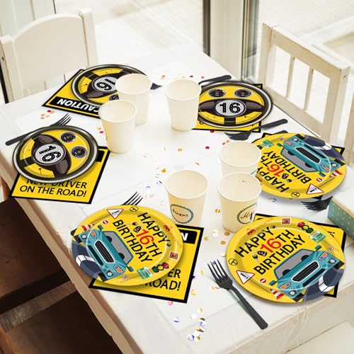 Image of 100 Pcs Drivers License 16th Birthday Party Decorations New Driver Car Plates and Napkins Set Disposable Racing 16 Years Old Paper Tableware for Boys Learner Driver Theme Supplies Serves 25