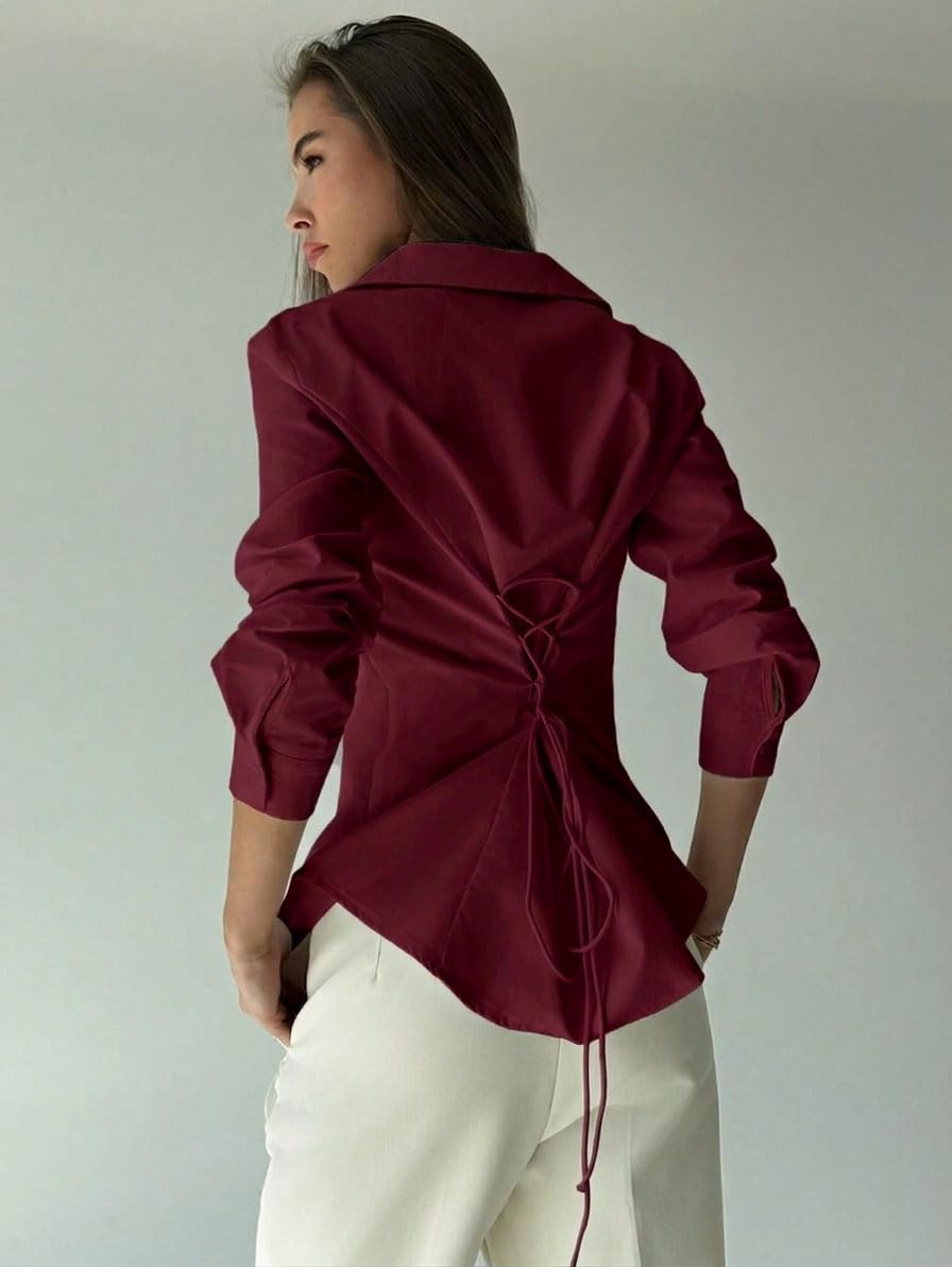 OOMPH! Damenhemd aus fester Baumwolle mit Schnürung am Rücken, Korsett-Stil, Taillenhemd, formelles Baumwollhemd