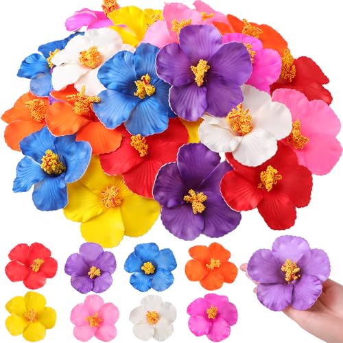 Hotop 24 Pcs Artificial Hibiscus Flowers for Hawaiian Luau Party