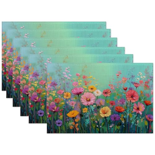 Colorful Flowers Placemats Set of 6,Floral Washable Kitchen Dining Linen Table Mats for Home Party Dinner Indoor Outdoor 12x18Inch