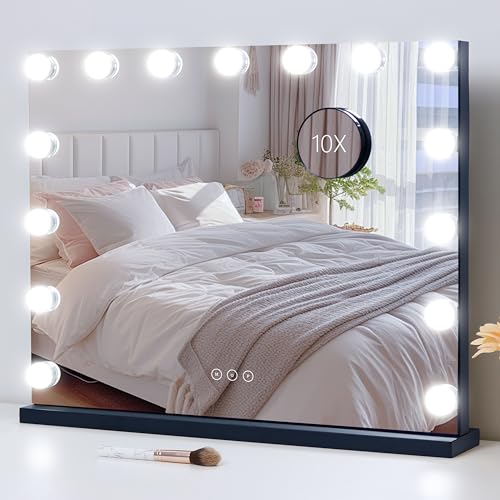 Image of Vanity Mirror with Lights Lighted Makeup Mirror with 15 Dimmable LED Bulbs,3 Color Lighting Modes,USB Charging Port Touch Control,Sturdy Metal Frame Design 22.8x18 Inch,Black