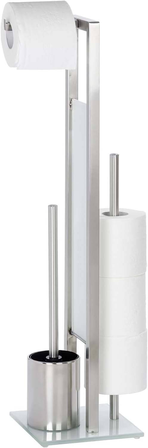 WENKO, Free Standing Toilet Brush Rivalta, Stainless Steel, Home and Bathroom Toilet Roll Organizer, Spare Tissue Holder, 18x70x23cm, Silver Matt