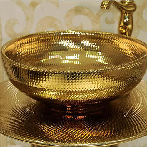 Yrra Pedestal Sink 16"X16" Gold Modern Ceramic Bathroom Basin Sink, Kaolin Clay Pedestal Sink Round Freestanding Sink For Indoor And Outdoor,Gold,Without Mirror #TOP2