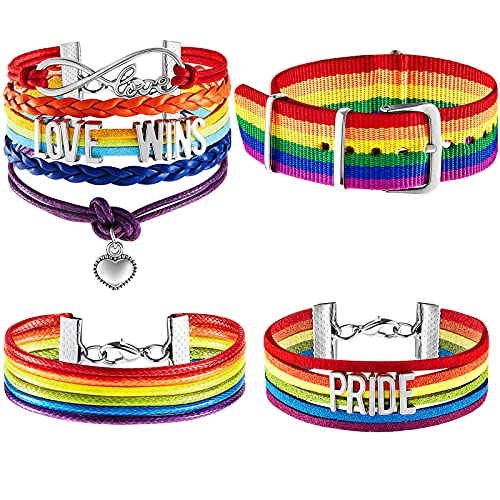 4 Pieces Rainbow Bracelet Rainbow Love Wins Bracelet Pride Bracelet Pride Handmade Wristband Rainbow Nylon Watch Strap Rainbow Adjustable Wristband for Men Women