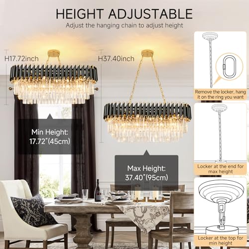 AOOCHOK Black and Gold Crystal Chandelier Pendant Light for Dining Room, Oval Modern Crystal Chandelier for Living Room, Bedroom, Restaurant, E12 x 8, 32x14inch by AOOCHOK - Used condition - Image 6