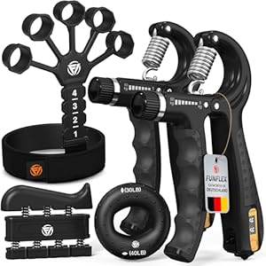 FUNFLEX Handtrainer Fingertrainer, Verstellbares Griffkraft Trainer Set -5-Teilig- Unterarmtrainer, Fingerstrecker Neopren Handgelenk Band – Finger Grifftrainer – Grip Ring, Hand & Unterarm Training