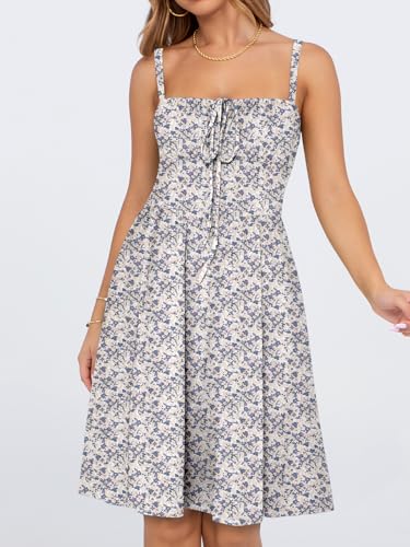 Image of YATHON Summer Mini Corset Sun Dress for Women Short Casual Square Neck Lace Up Floral Beach Vacation Dresses with Pockets
