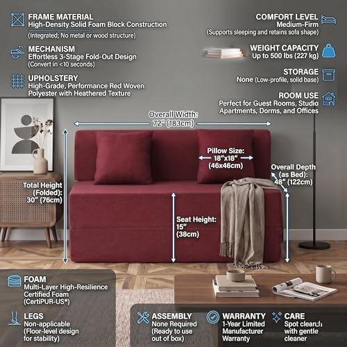 Image of Foldable Three Seater Sofa Bed 5 X 6 Ft Jute Fabric Washable Cover Sofa Cum Bed with Cushions Convertible Sofa Bed for Home, Office (Red Color - Pre-Assembled)