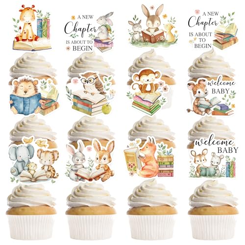 24Pcs A New Chapter Begins Cupcake Toppers, Storybook Baby Shower Decorations, Woodland Animal Welcome Baby Birthday Party Supplies for Boys Girls