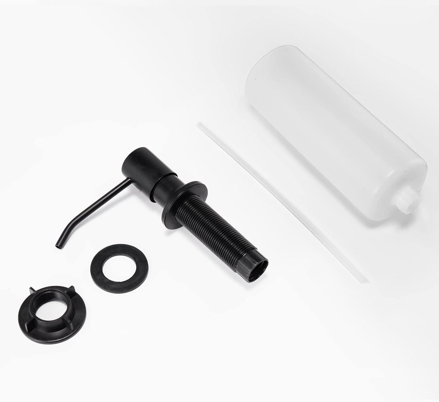 All components of the FORIOUS Black Soap Dispenser laid out