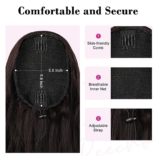 REECHO Ponytail Extension, 26" Long Beach Wave Drawstring Pony Hair Extension Synthetic Pony Tail Hairpiece for Women - Chocolate Brown - Image 3