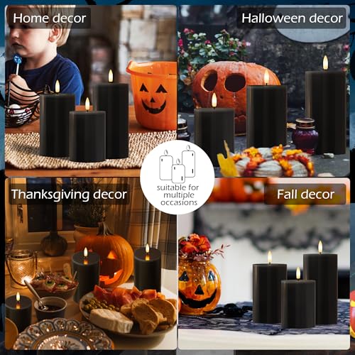 Image of Black Flameless Candles, Halloween Candles with Remote, Battery Operated Gothic LED Candles, Real Wax Flickering Flameless Pillar Candles for Home, Party, Halloween, 3 Pack