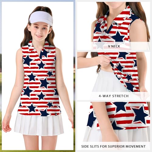 Image of Soneven Girls Sleeveless Polo Shirts Button UP Golf Tennis T-Shirts with Collared Quick Dry Tank Tops for 4-14 Years