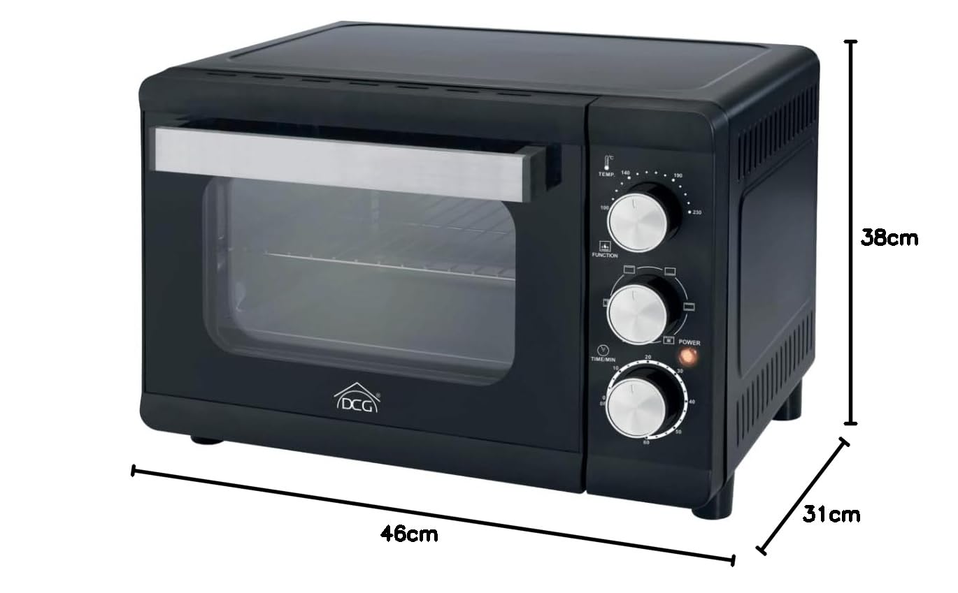 DCG MBN24. Multihorno 1380W. 24 litros. Temporizador de 60 minutos con alarma. Termostato regulable de 100° a 230°C. 4 resistencias de acero. Dimensiones 46 x 38 x 31h cm