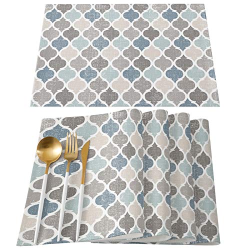 Retro Moroccan Plaid Placemats for Dining Table Cotton Linen Geometric Quatrefoil Place Mats Blue Beige Grey Non-Slip Heat Insulation Washable Table Mats Set of 4, 12 x 19 Inch by ALAGEO - Used condition - US$22.01