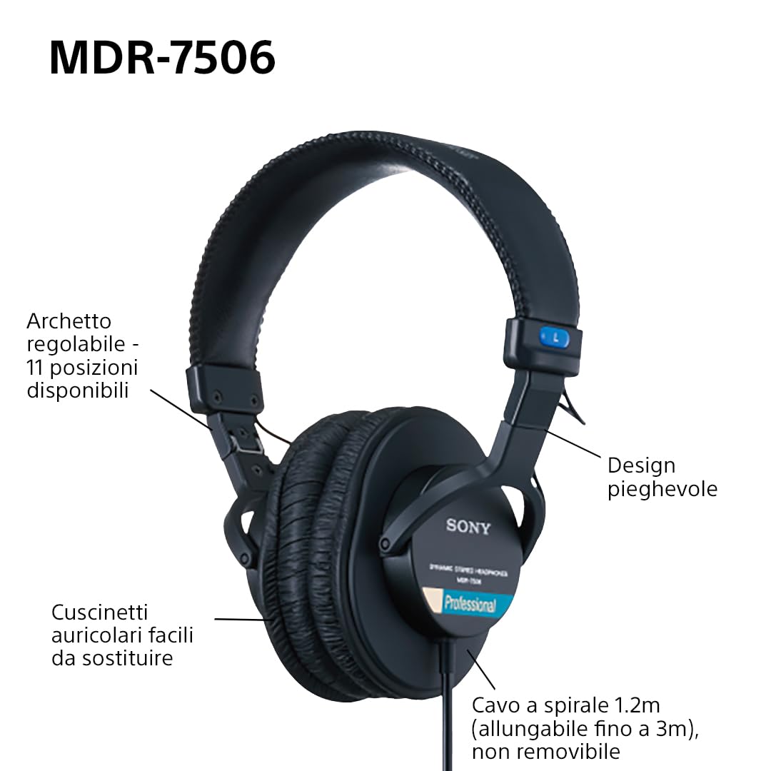 Sony MDR-7506 Cuffie monitor da studio chiuse, con filo, da 10 Hz a 20 kHz, adatte per la registrazione e il mixaggio in studio, 63 Ohm, design leggero e pieghevole (227 g), custodia inclusa, Nero