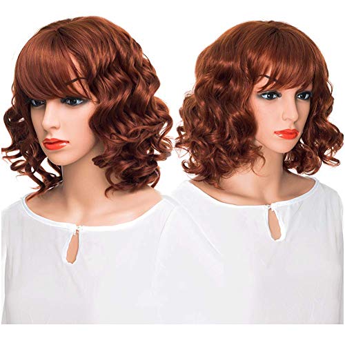 14 Inch Synthetic Short wigs with bangs, Light Brown Wavy Curl Wigs with Bangs Hair Wigs for Women