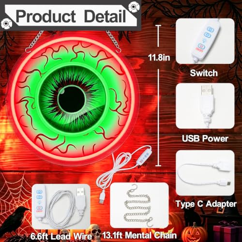 Halloween Eyeball Neon Signs Led Lights, Window Wall Decorations Indoor | Red Green Dimmable Light USB Powered, 11.8" x 11.8" Cool Gothic Party Decor for Bedroom, Game Room, Home, Office, Man Cave - image 2