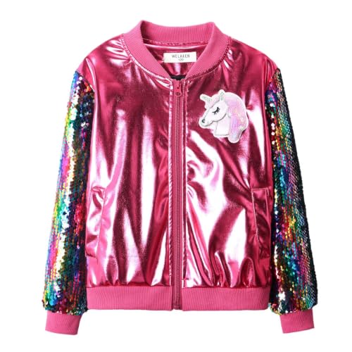 Image of WELAKEN Girls Sequin Sparkle Zip Bomber Jacket | Sequin sleeves, shiny bomber style, ribbed trim, smooth zipper and side pockets for party, dance, school and photos