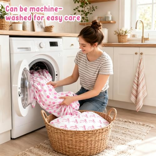 Image of 4 Pack Pink Bow Crib Sheets Girls - Fits Standard 52 inchx28 inchx8 inch Crib & Toddler Mattress, Soft Breathable Polyester Baby Nursery Bedding, Coquette Bow Polka Dot Stripe Printed Fitted Sheets for Girls