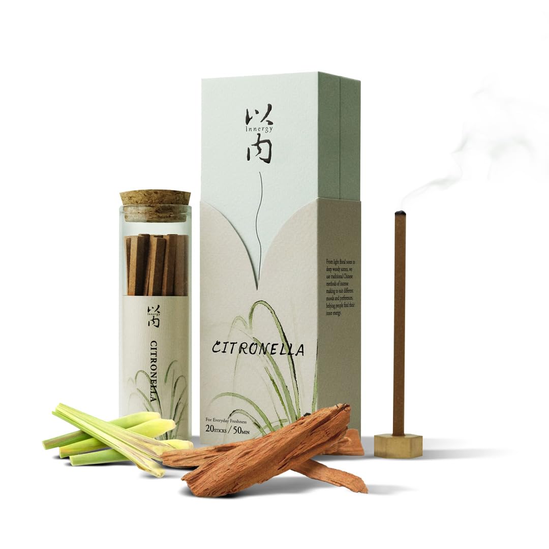 Innergy Summer Bliss Lemongrass Sandalwood Incense Sticks with Citronella - Spa-Grade Natural Aromatherapy, 50 Min Burn, Eco-Luxury Glass Gift Set