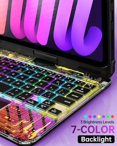 Image of Intermerge Keyboard Case for iPad Mini 7 (A17 Pro, 2024) & Mini 6 (2021) 8.3 inch - 360 Swivel Multi-Touch Trackpad, 7-Color RGB Backlit Keys, Pencil Holder, Type-C Charging, Power Indicator-Shadow Pulse