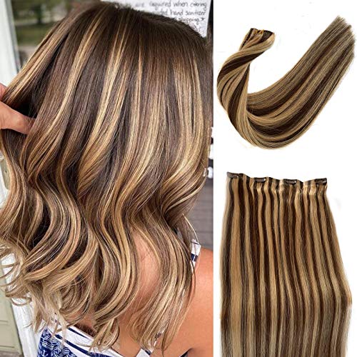 Hair Extensions Clip in Human Hair Balayage Blonde Mixed Brown Hair Extension Thick Straight 14 Inch 70grams Blonde Highlights Clip on Extensions with Invisible PU Base
