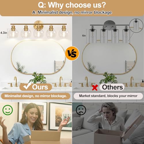 Image of Indoi 5-Light Bathroom Light Fixture, Modern Brushed Gold Bathroom Lights Over Mirror with Clear Glass Globe Shades, Vanity Lighting Fixtures for Kitchen, Living Room, Hallway, Bedroom, Porch