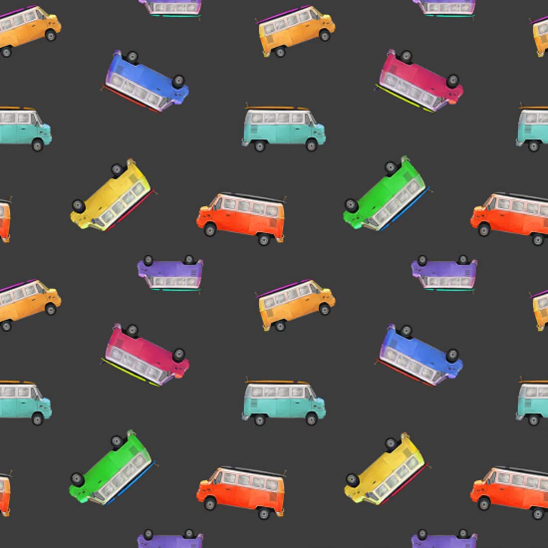 Glamour Secrets Black Nutex Fabric - Multicoloured Retro Camper Vans - Patchwork Quilting Dressmaking Craft Fabric