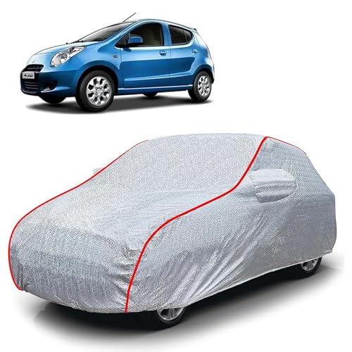 Image of Sulfar 100% Waterproof Car Body Cover Compatible with Mirror for Maruti Suzuki A-Star (Triple Stitched, Full Bottom Elastic, Magic Silver with Red Piping)