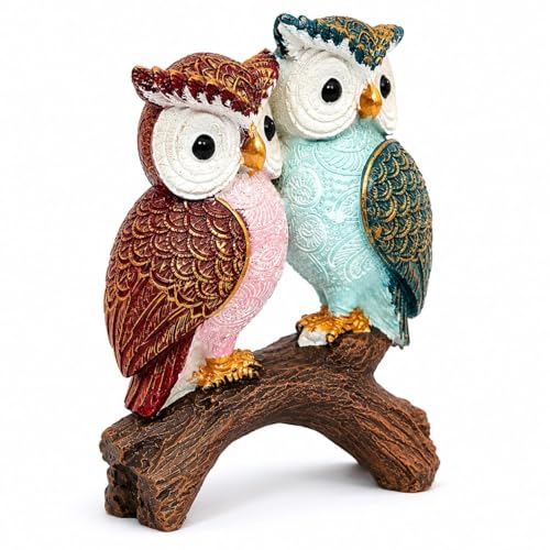 Image of Decorative Couple Owl Figurine Showpiece | Handcrafted Resin Owl Statue on Branch | Home Decor for Living Room, Bedroom & Office | Valentine for Couples