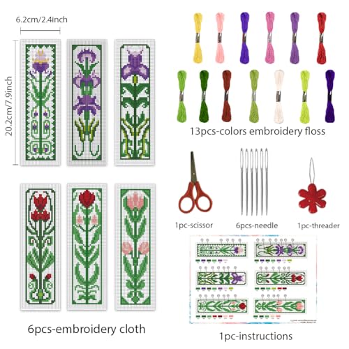 Image of INFUNLY 6 Sets Retro Plant Flowers Cross Stitch Bookmark Kits for Beginners 22*8cm DIY Stamped Embroidery Bookmarks Kits with Instruction Full Kit of Handmade Cross Stitch Bookmark for Reader Lovers