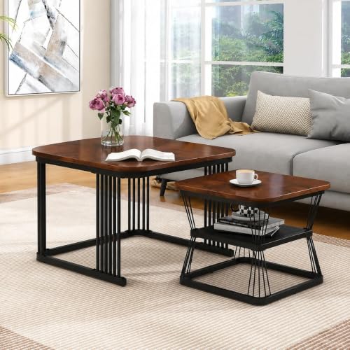 Image of Brown Art Shoppee Set of 2 Modern Coffee Tables with Marble Finish Top, Metal Frame, Nesting Center Table & End Table for Living Room Home Decor (Black & Brown)