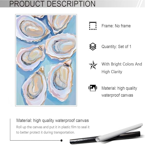 Image of Pastel Blue Oyster Shell Poster Abstract Coastal Shell Canvas Wall Art Funky Colorful Summer Beachy Picture Prints Painting For Home Living Room Kitchen Restaurant Wall Decor 12x16in Unframed
